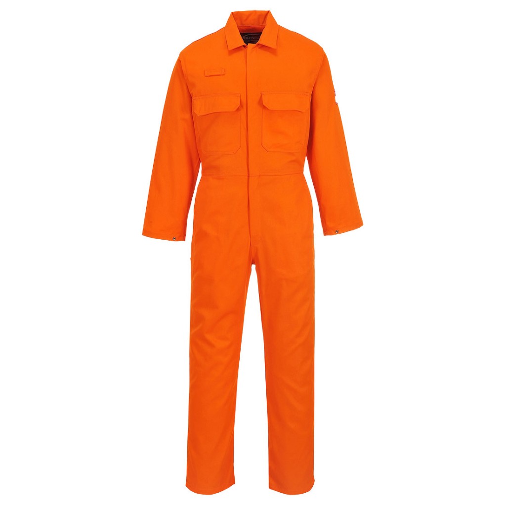 A orange coverall featuring flame-resistant fabric, suitable for a wide range of outdoor and site work applications.