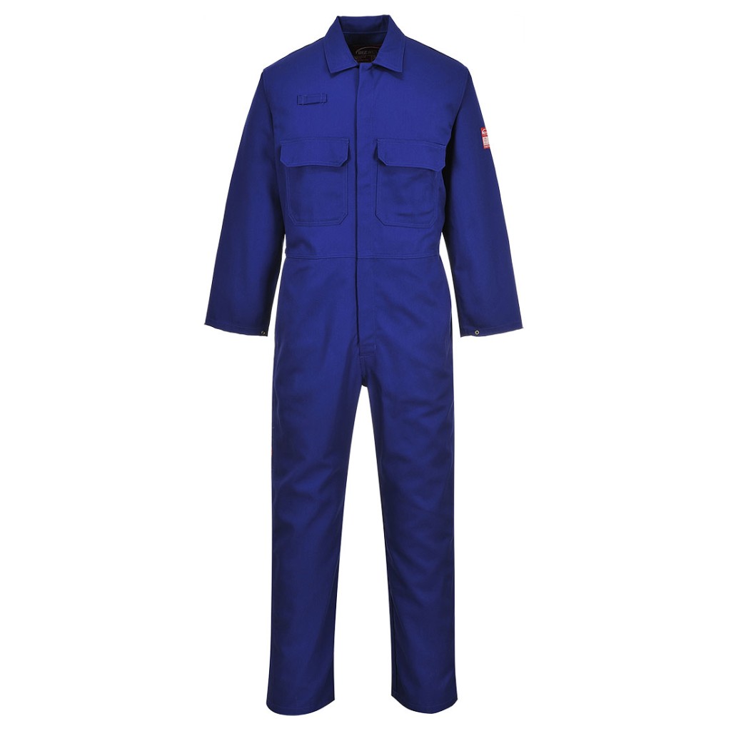 A blue coverall featuring flame-resistant fabric, suitable for a wide range of outdoor and site work applications.
