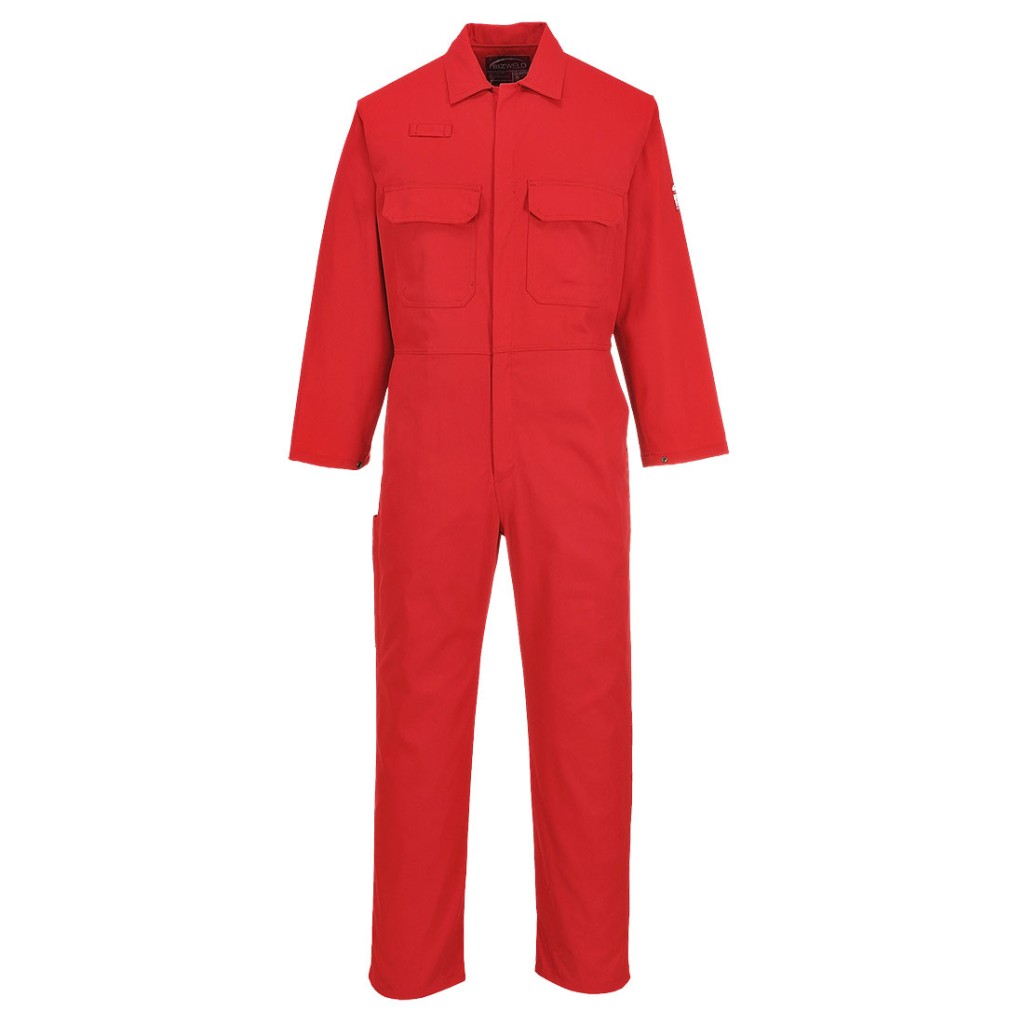 A red coverall featuring flame-resistant fabric, suitable for a wide range of outdoor and site work applications.