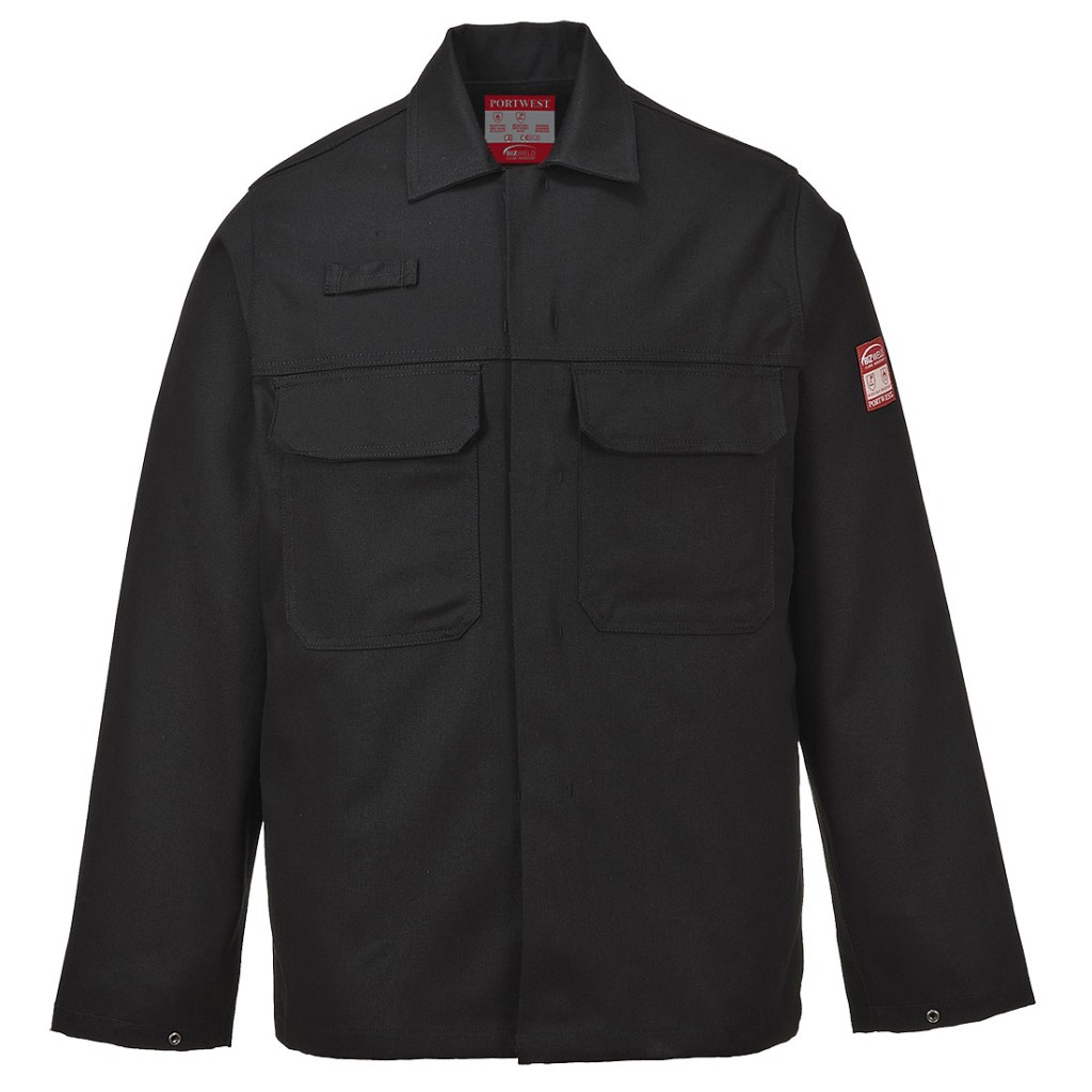 A black jacket featuring flame-resistant fabric, suitable for a wide range of outdoor and site work applications.