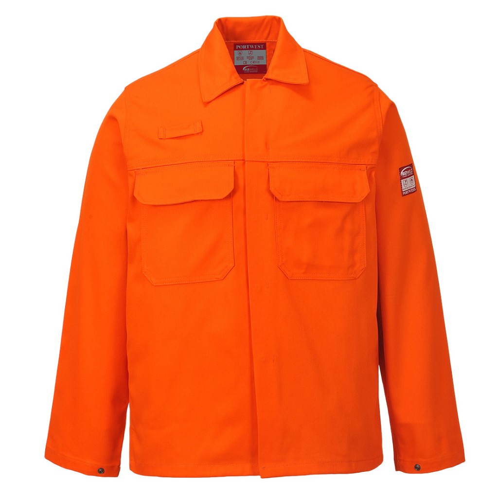 A orange jacket featuring flame-resistant fabric, suitable for a wide range of outdoor and site work applications.
