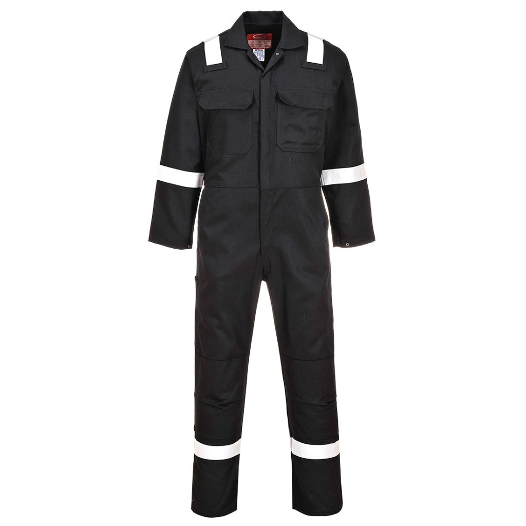 A black coverall featuring flame-resistant fabric, suitable for a wide range of outdoor and site work applications.