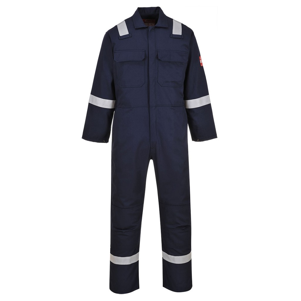 A navy blue coverall featuring flame-resistant fabric, suitable for a wide range of outdoor and site work applications.