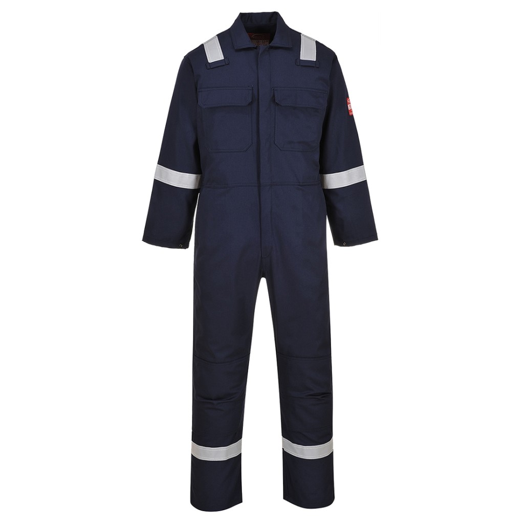 A navy blue coverall featuring flame-resistant fabric, suitable for a wide range of outdoor and site work applications.