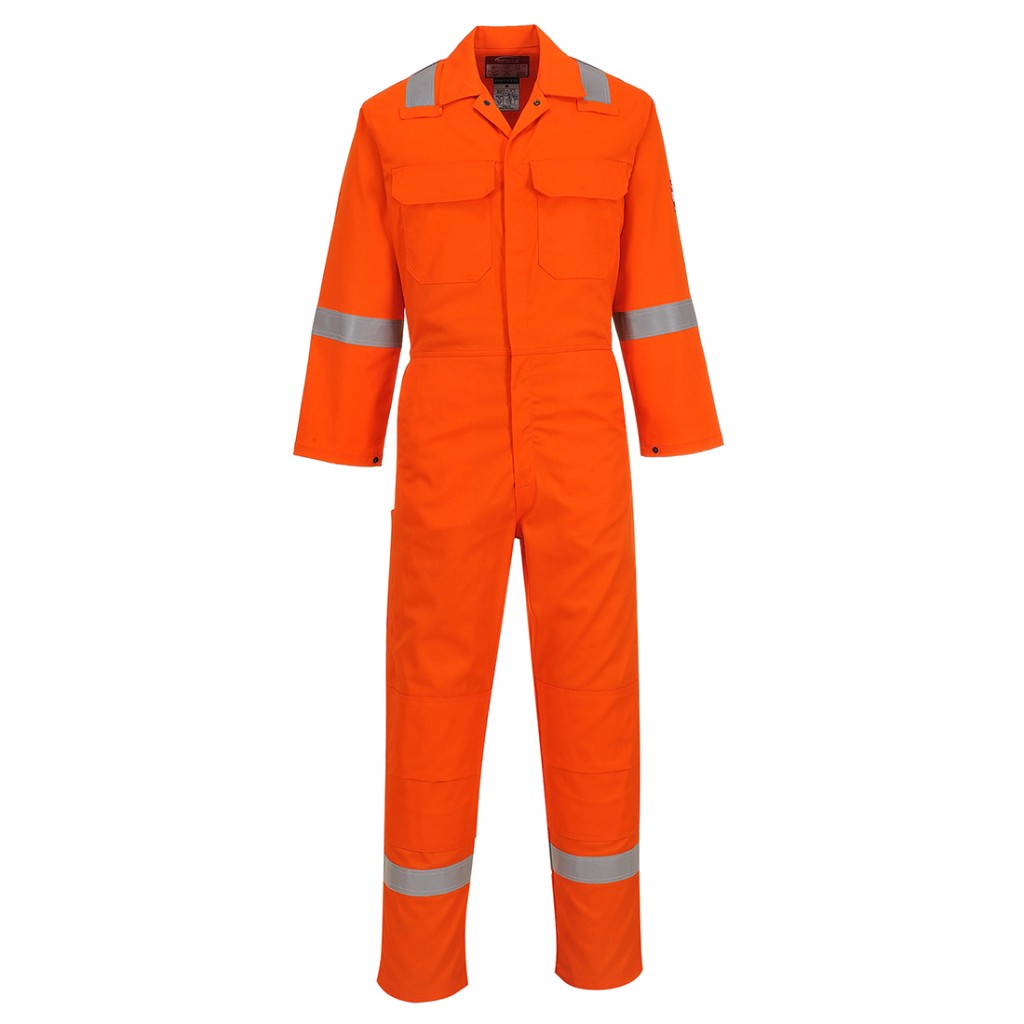 A orange coverall featuring flame-resistant fabric, suitable for a wide range of outdoor and site work applications.