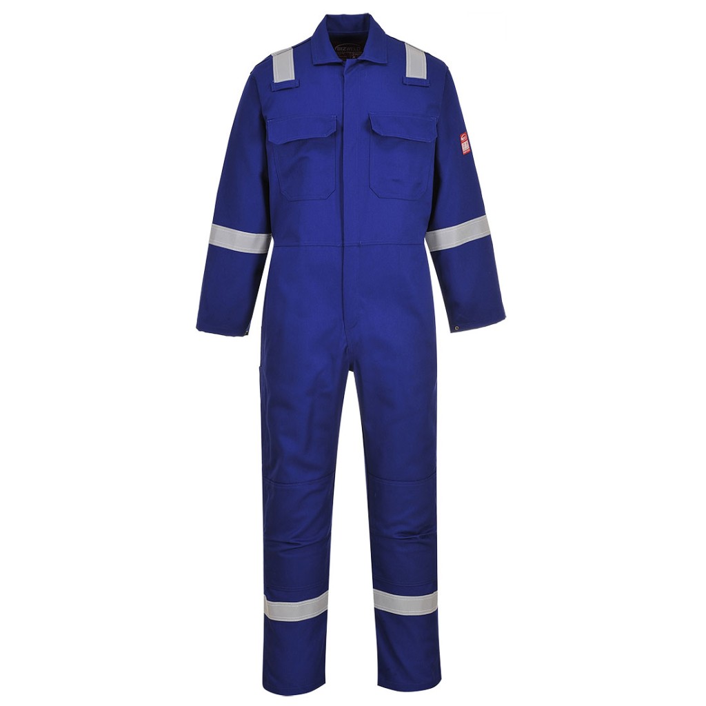 A blue coverall featuring flame-resistant fabric, suitable for a wide range of outdoor and site work applications.