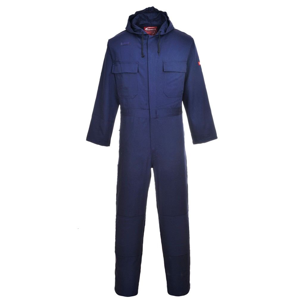 A navy blue coverall featuring flame-resistant fabric, suitable for a wide range of outdoor and site work applications.