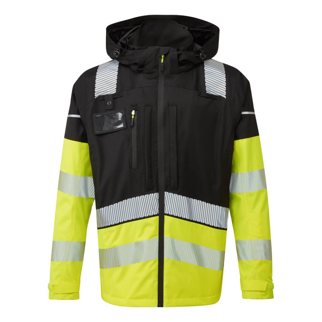 A high-visibility yellow waterproof jacket featuring retroreflective tape panels, suitable for a wide range of outdoor and site work applications.