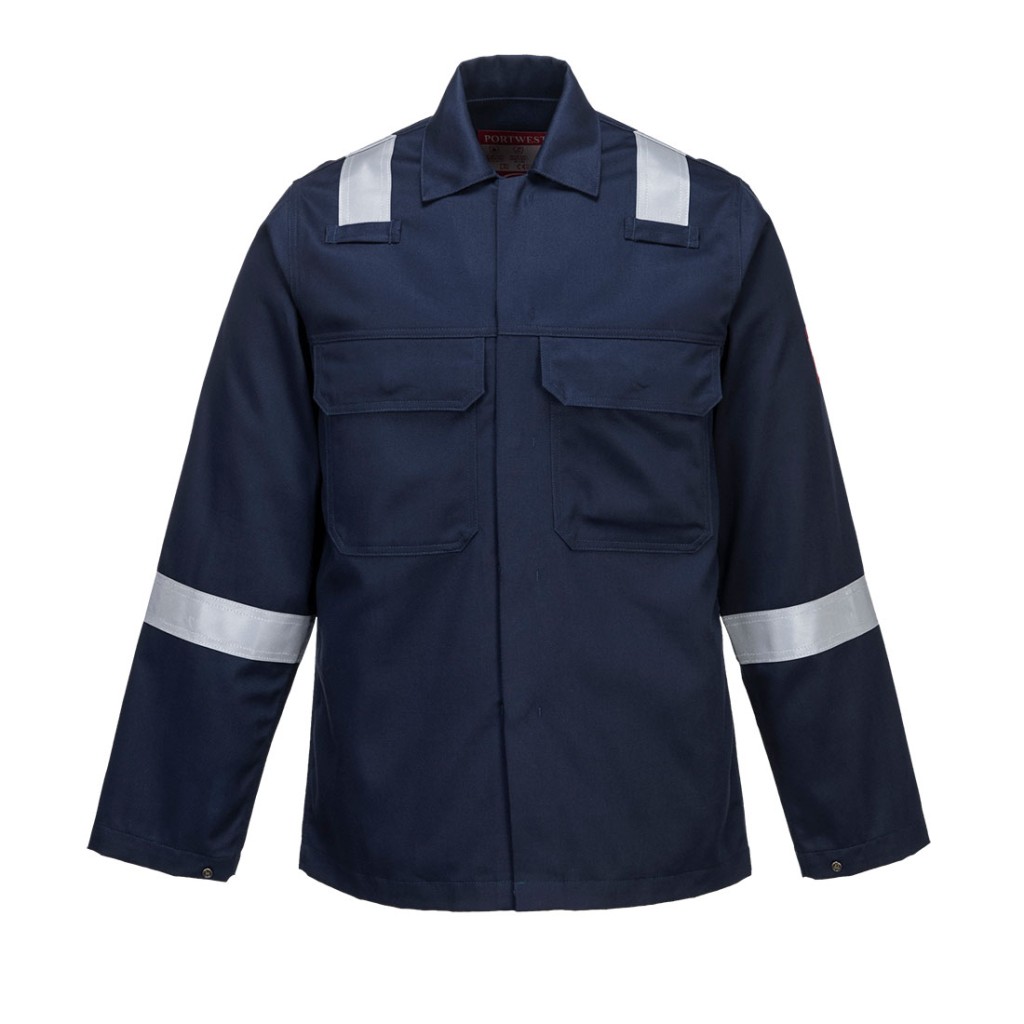 A navy blue jacket featuring flame-resistant fabric, suitable for a wide range of outdoor and site work applications.