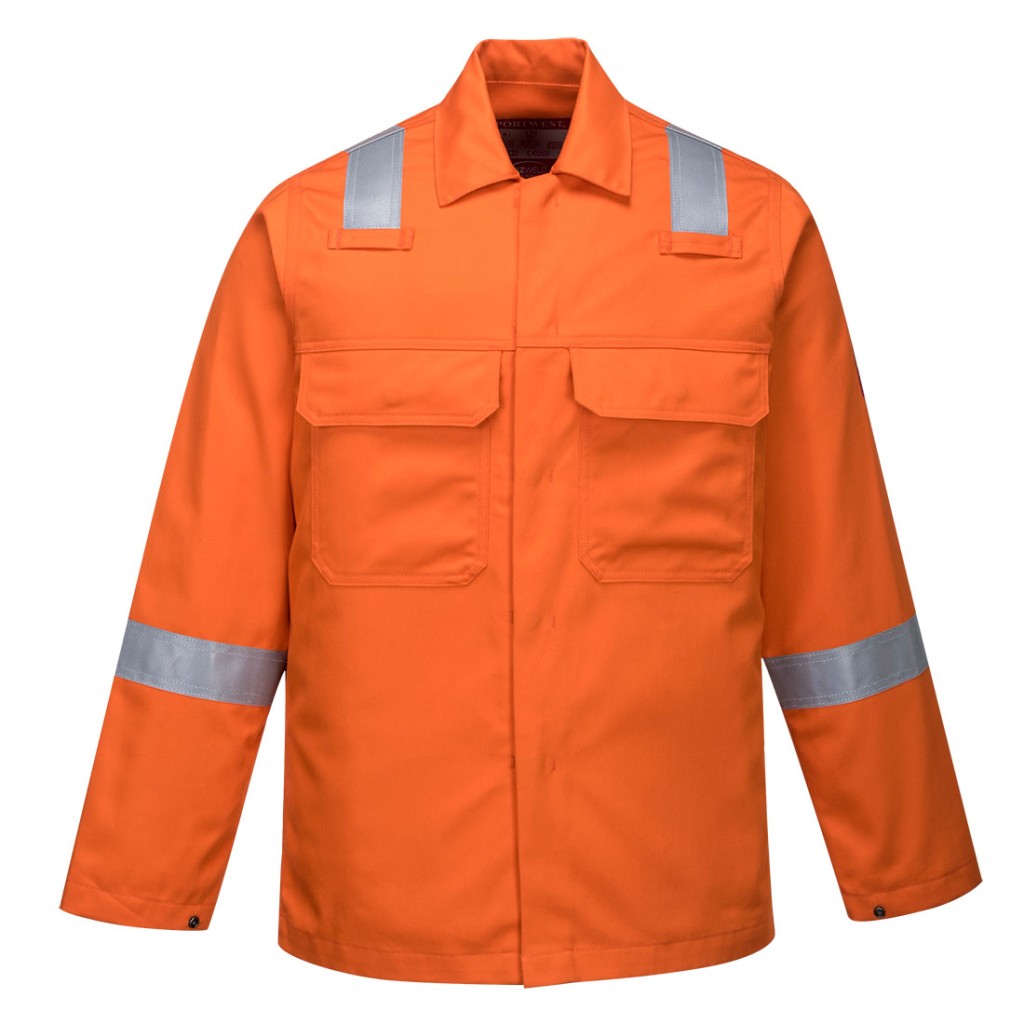 A orange jacket featuring flame-resistant fabric, suitable for a wide range of outdoor and site work applications.