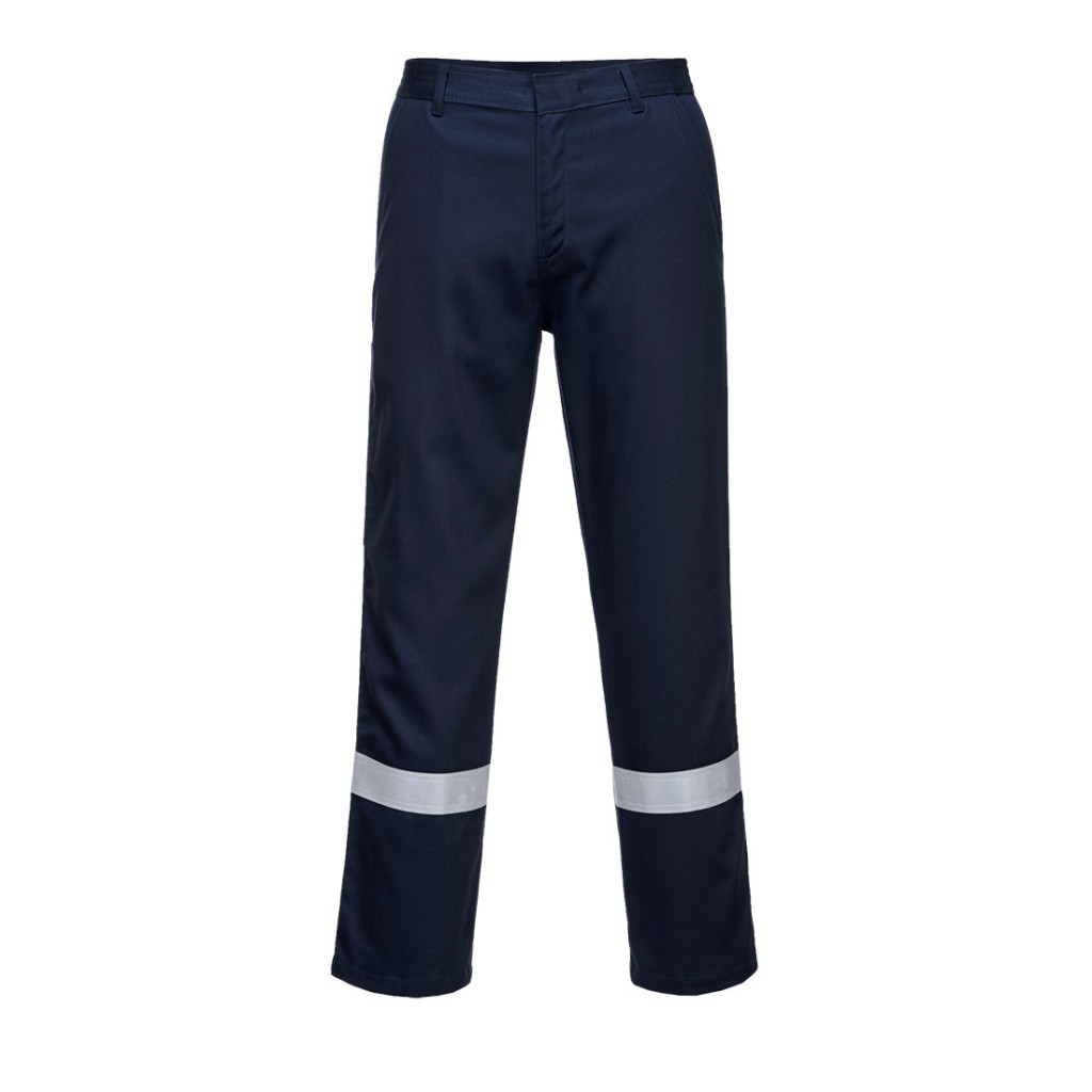 A pair of navy blue work trousers featuring flame-resistant fabric, suitable for a wide range of outdoor and site work applications.