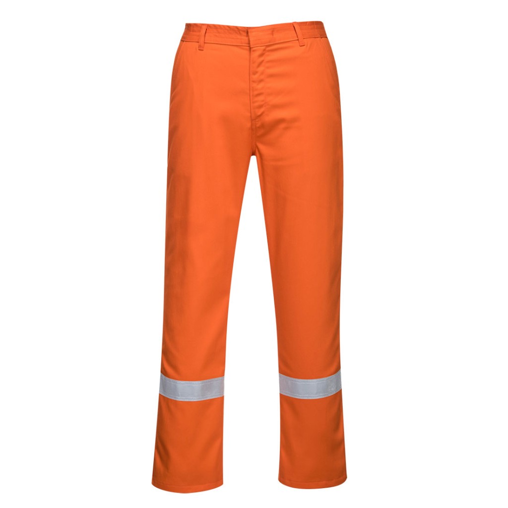 A pair of orange work trousers featuring flame-resistant fabric, suitable for a wide range of outdoor and site work applications.