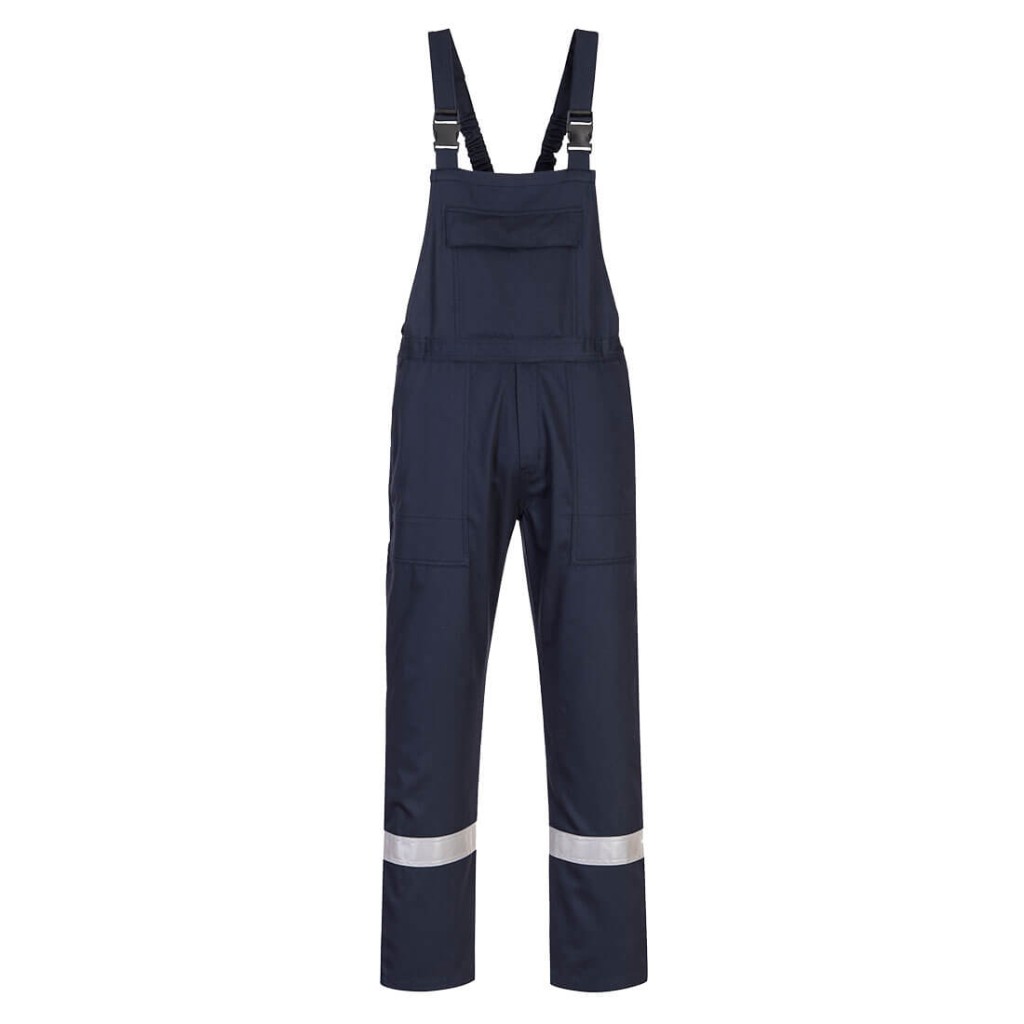 A navy blue workwear garment featuring flame-resistant fabric, suitable for a wide range of outdoor and site work applications.