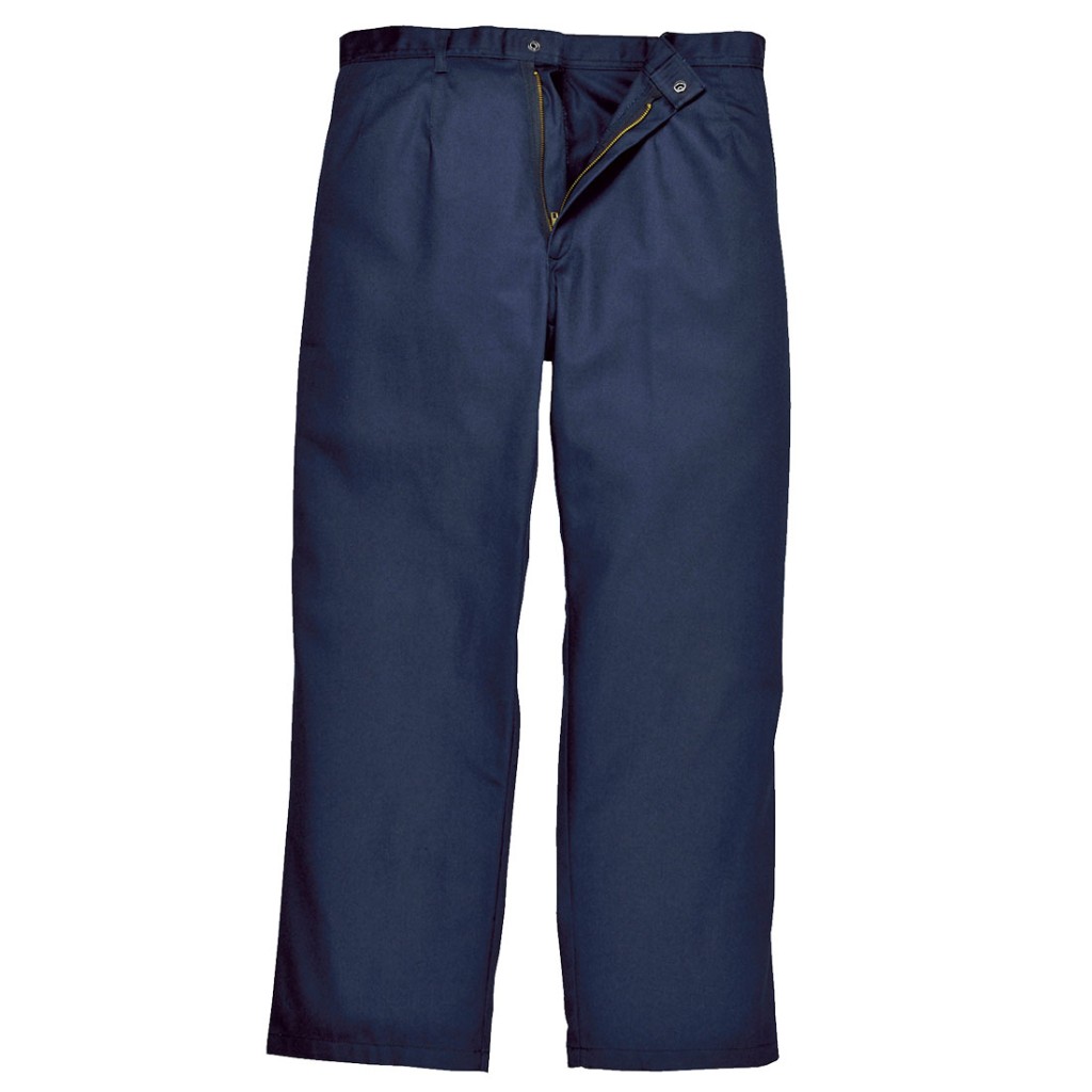 A pair of navy blue work trousers featuring flame-resistant fabric, suitable for a wide range of outdoor and site work applications.