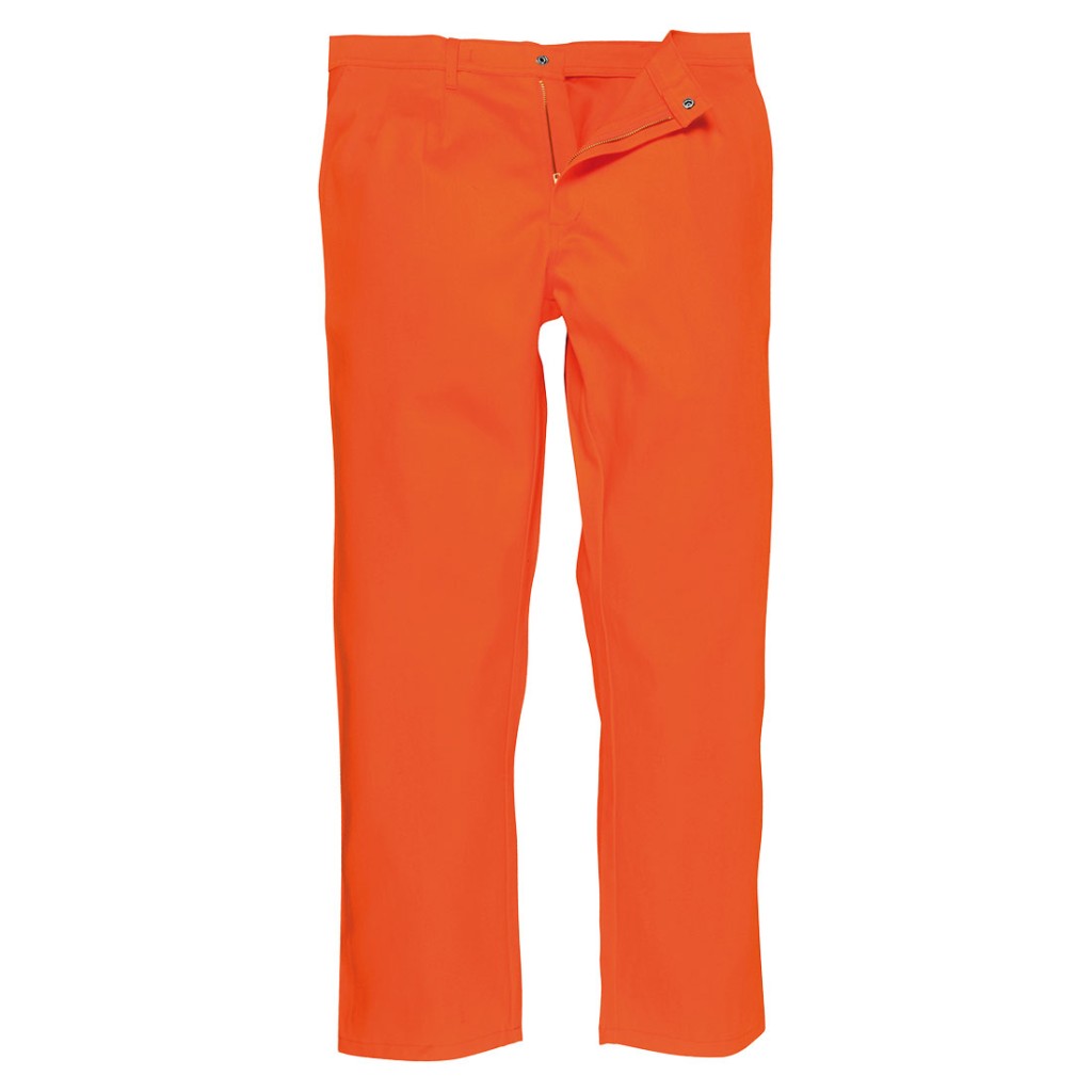A pair of orange work trousers featuring flame-resistant fabric, suitable for a wide range of outdoor and site work applications.