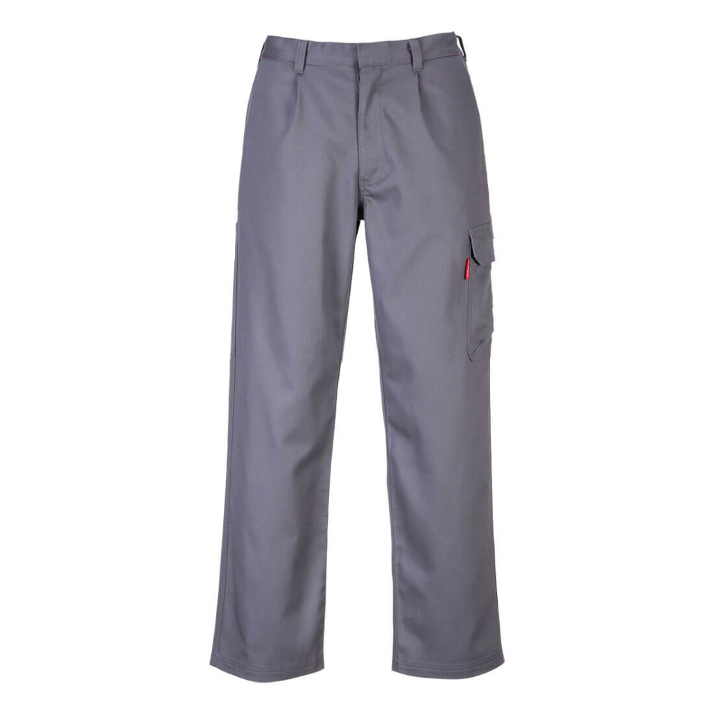 A pair of grey work trousers featuring flame-resistant fabric, suitable for a wide range of outdoor and site work applications.