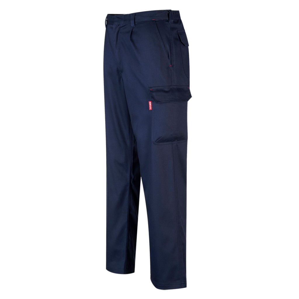A pair of navy blue work trousers featuring flame-resistant fabric, suitable for a wide range of outdoor and site work applications.