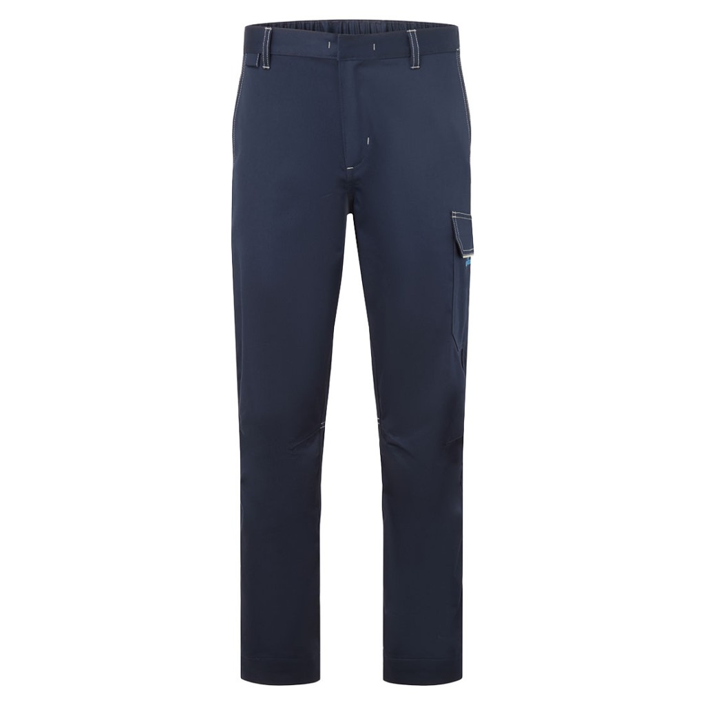 A pair of navy blue work trousers featuring flame-resistant fabric, suitable for a wide range of outdoor and site work applications.