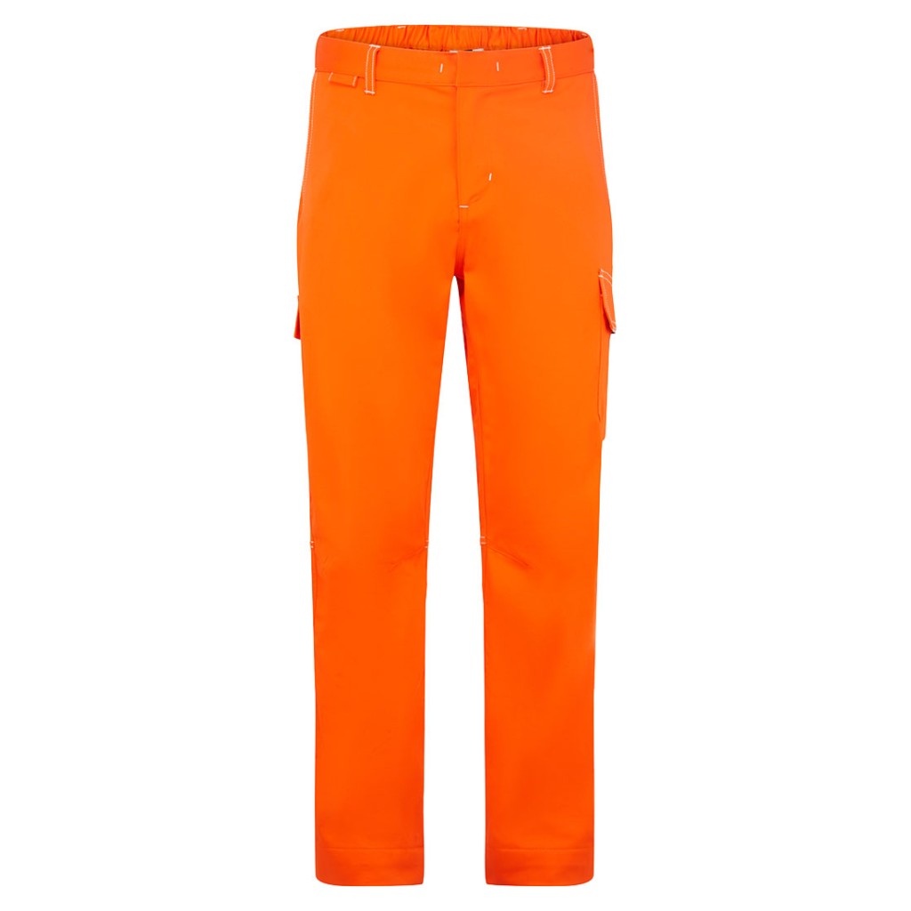 A pair of orange work trousers featuring flame-resistant fabric, suitable for a wide range of outdoor and site work applications.
