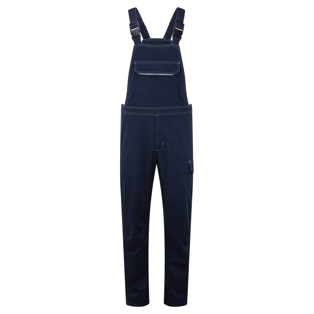 A navy blue workwear garment featuring flame-resistant fabric, suitable for a wide range of outdoor and site work applications.