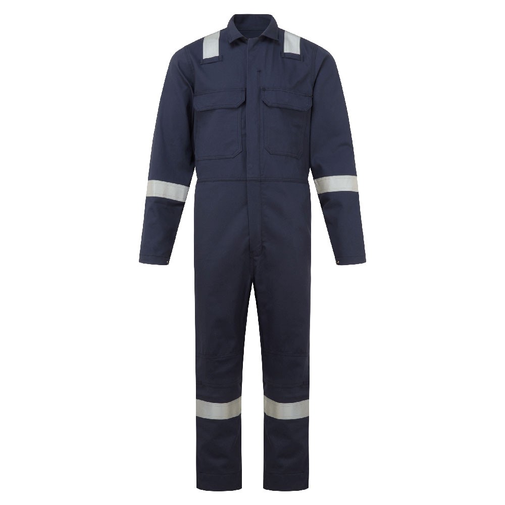 A navy blue coverall featuring flame-resistant fabric, suitable for a wide range of outdoor and site work applications.
