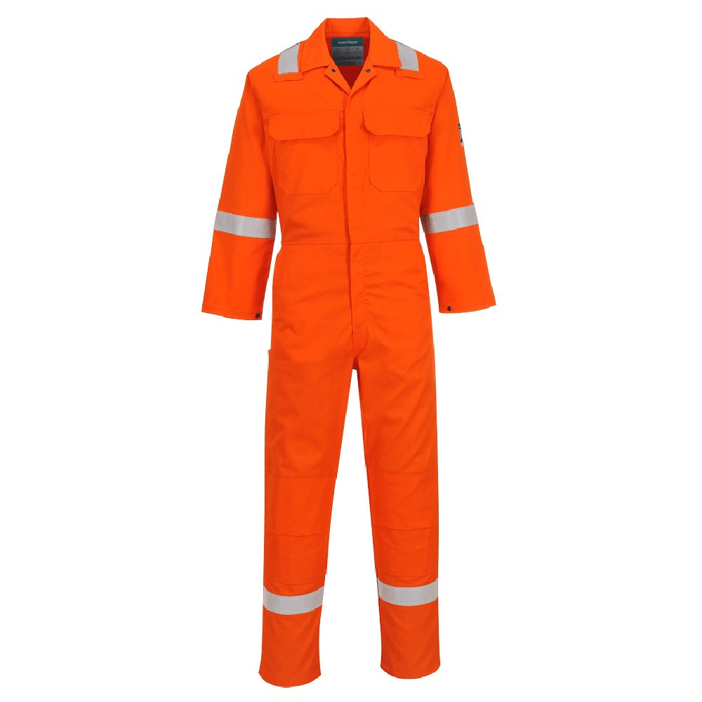 A orange coverall featuring flame-resistant fabric, suitable for a wide range of outdoor and site work applications.