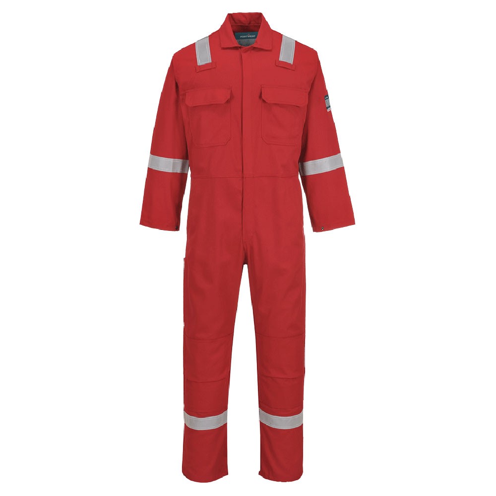 A red coverall featuring flame-resistant fabric, suitable for a wide range of outdoor and site work applications.