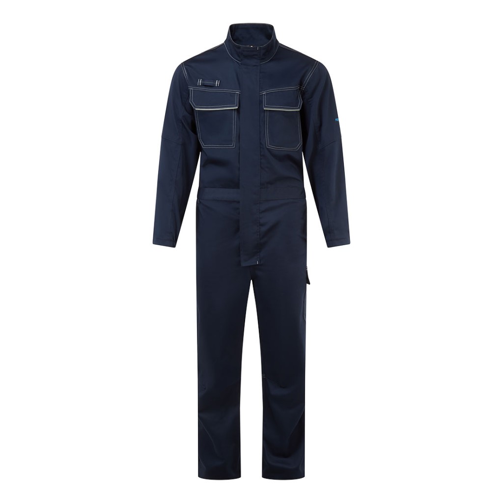 A navy blue coverall featuring flame-resistant fabric, suitable for a wide range of outdoor and site work applications.
