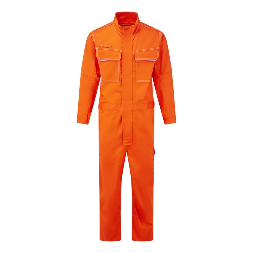 A orange coverall featuring flame-resistant fabric, suitable for a wide range of outdoor and site work applications.