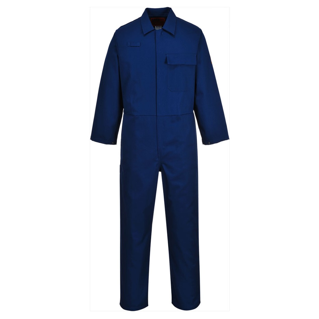 A navy blue coverall featuring flame-resistant fabric, suitable for a wide range of outdoor and site work applications.