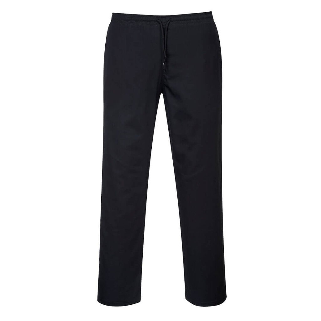 A pair of black work trousers designed for use on construction sites and in industrial work environments.,