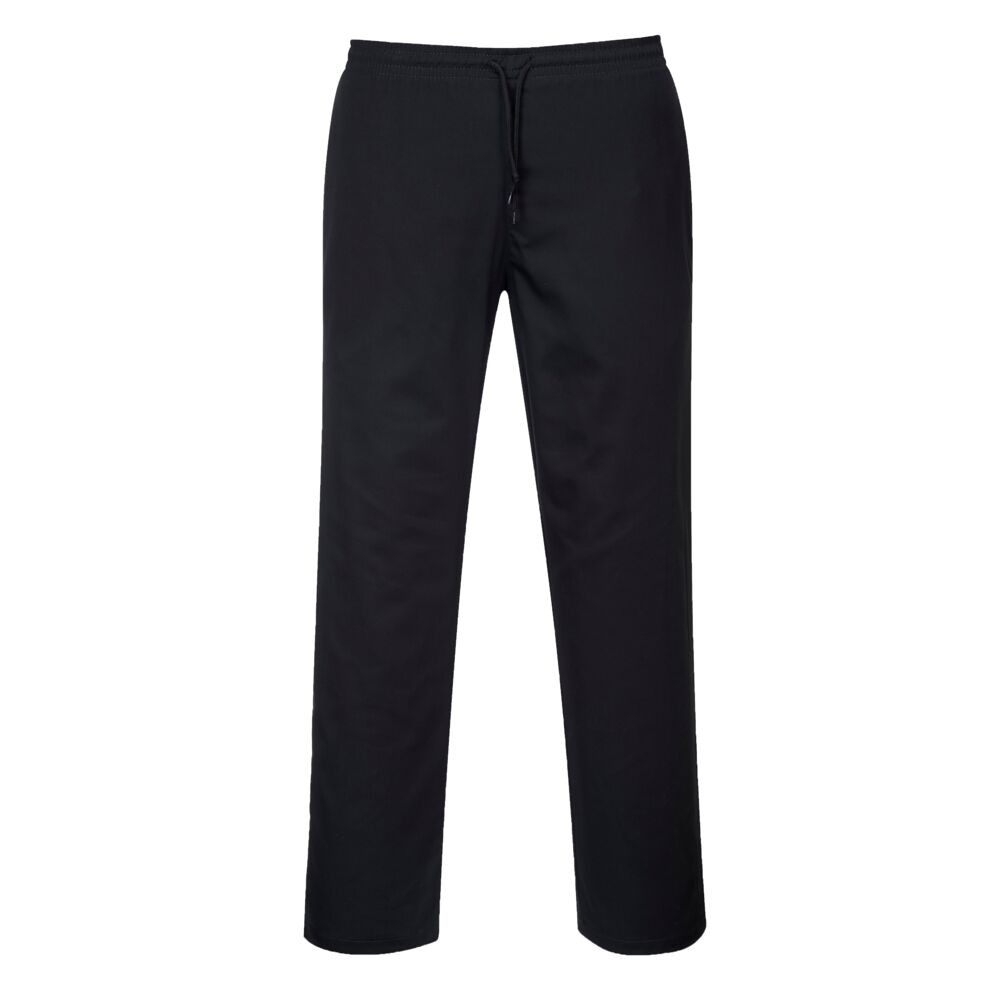 A pair of black work trousers designed for use on construction sites and in industrial work environments.,