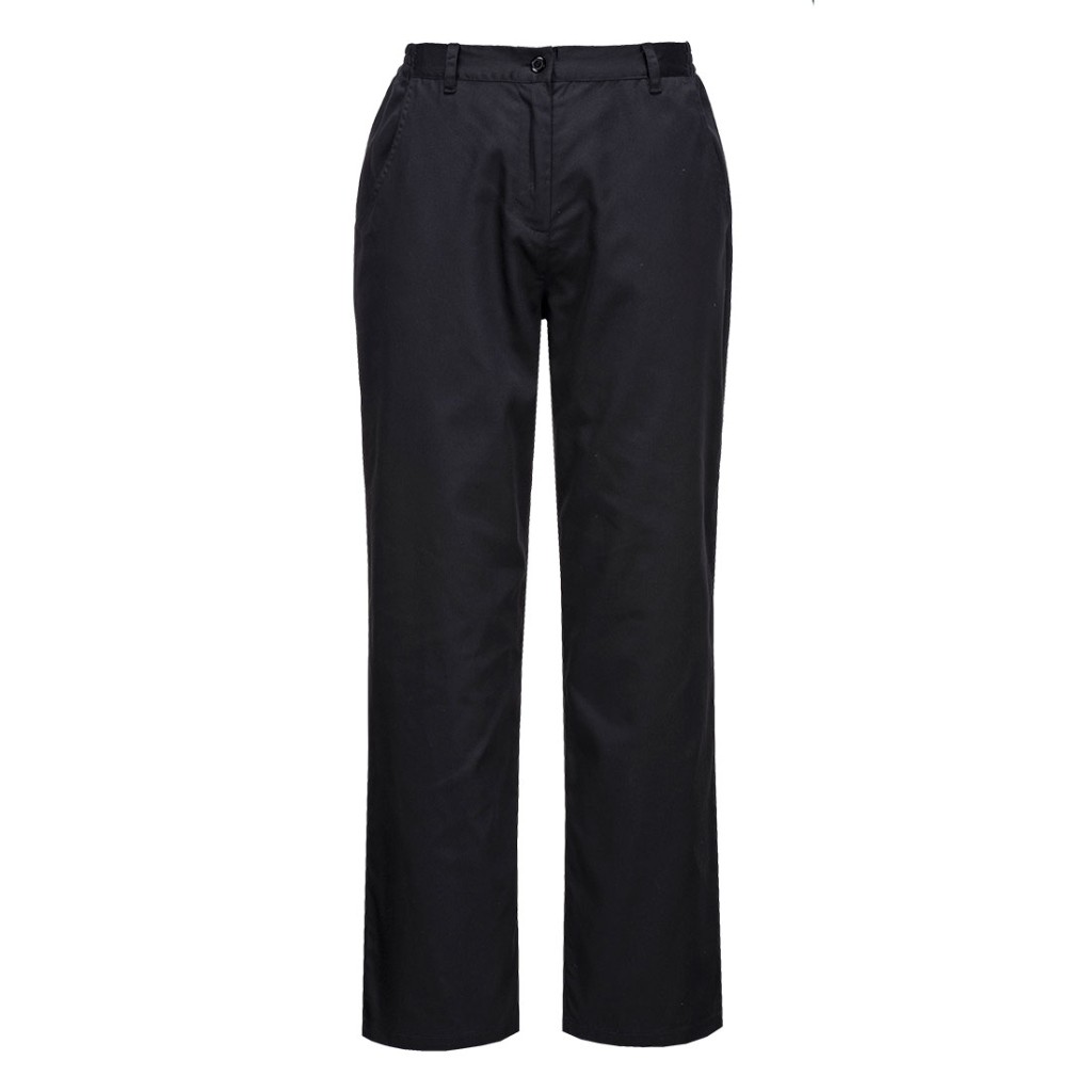 A pair of women's black work trousers designed for use on construction sites and in industrial work environments.,