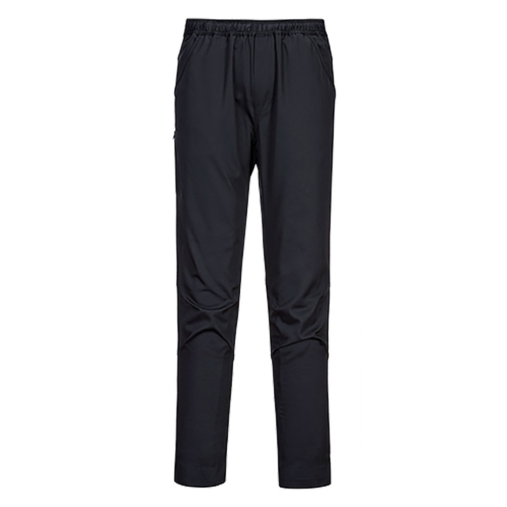 A pair of black work trousers designed for use on construction sites and in industrial work environments.,
