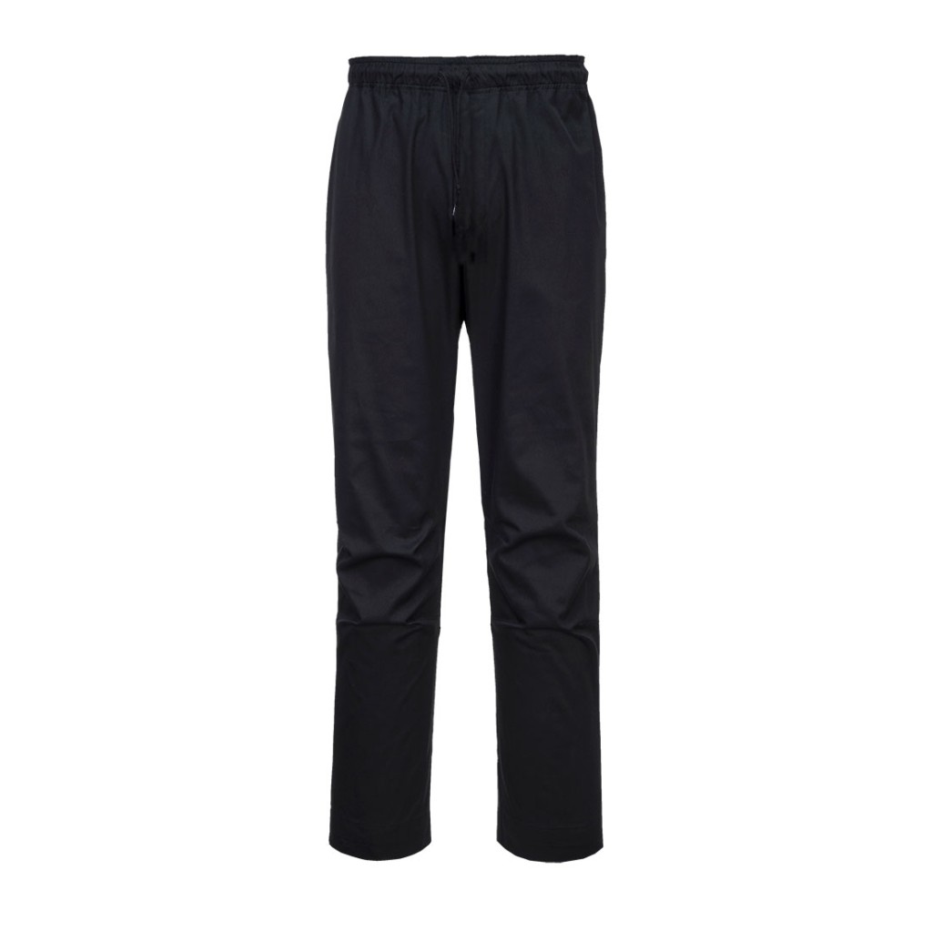 A pair of black work trousers designed for use on construction sites and in industrial work environments.,