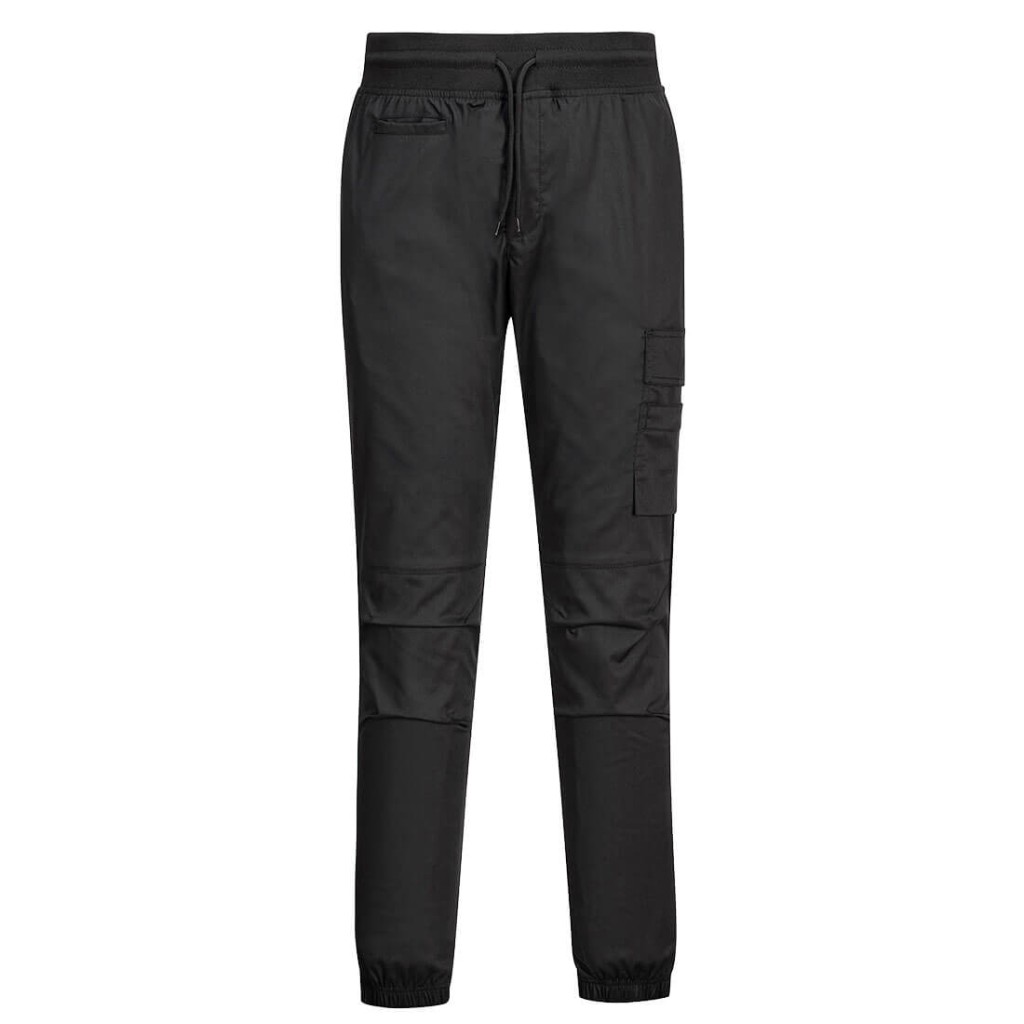 A black workwear garment featuring stretch panels for ease of movement, suitable for a wide range of outdoor and site work applications.
