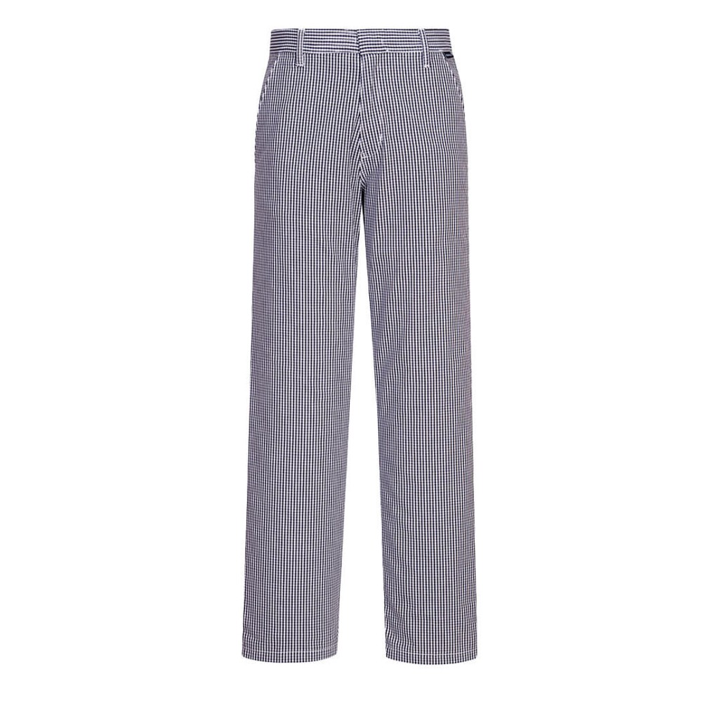 A pair of blue work trousers designed for use on construction sites and in industrial work environments.,