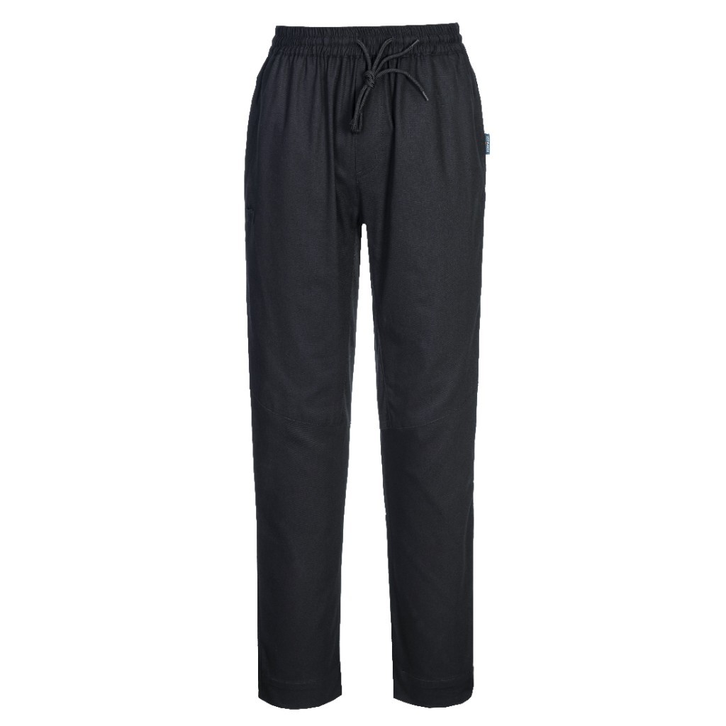 A pair of black work trousers featuring stretch panels for ease of movement, suitable for a wide range of outdoor and site work applications.