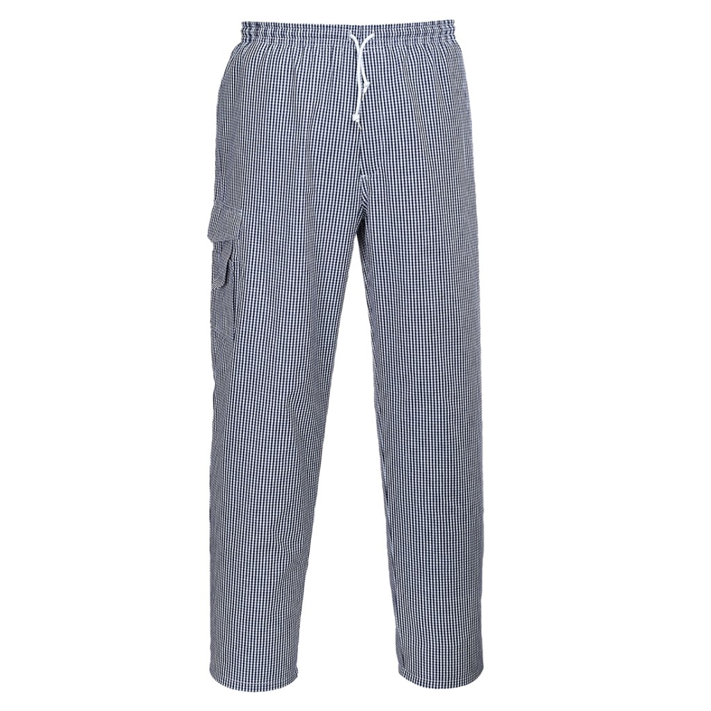 A pair of blue work trousers designed for use on construction sites and in industrial work environments.,
