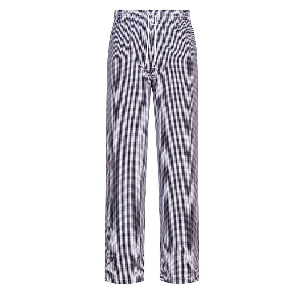 A pair of blue work trousers designed for use on construction sites and in industrial work environments.,