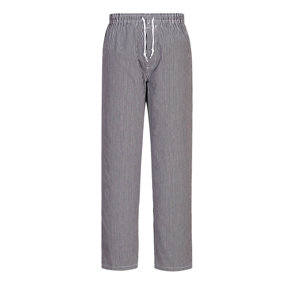 A pair of black work trousers designed for use on construction sites and in industrial work environments.,