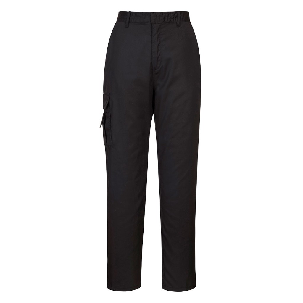 A pair of women's black work trousers designed for use on construction sites and in industrial work environments.,