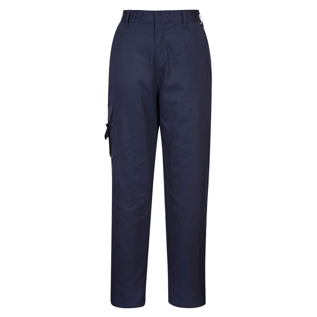 A pair of women's navy blue work trousers designed for use on construction sites and in industrial work environments.,