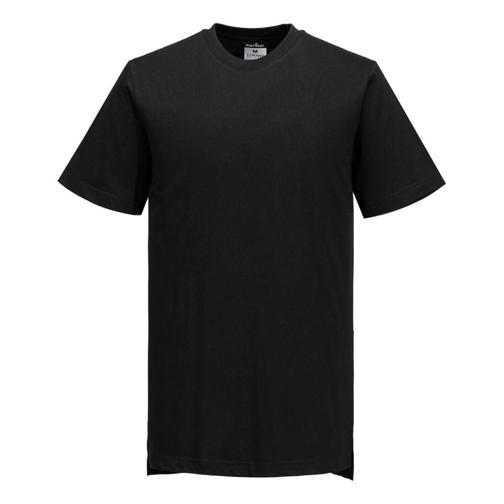 A black work shirt designed for use on construction sites and in industrial work environments.,