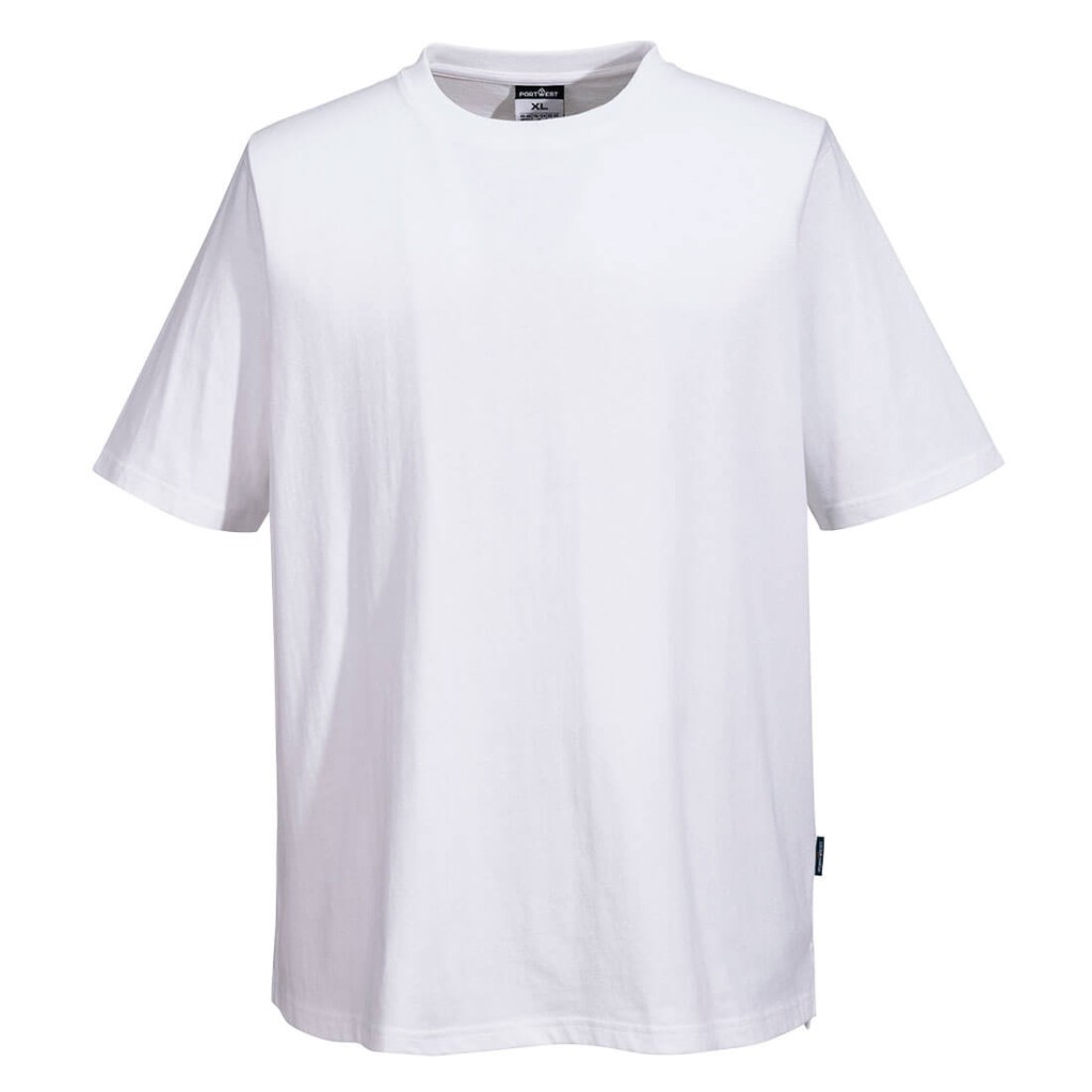 A white work shirt designed for use on construction sites and in industrial work environments.,
