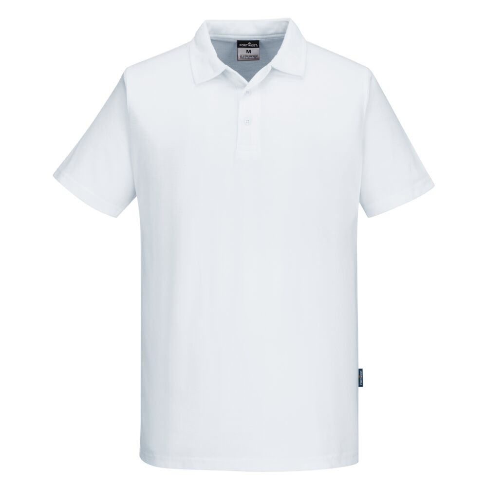 A white polo shirt designed for use on construction sites and in industrial work environments.,