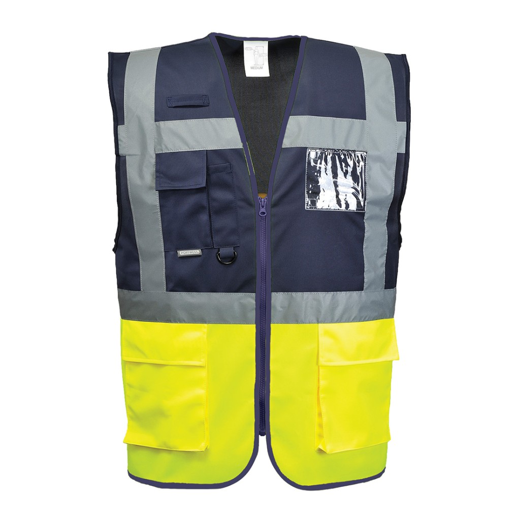 A high-visibility yellow vest featuring retroreflective tape panels, suitable for a wide range of outdoor and site work applications.