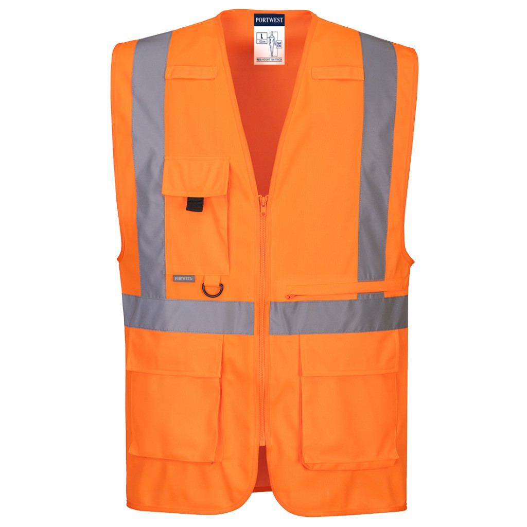 A high-visibility orange vest featuring retroreflective tape panels, functional pockets, suitable for a wide range of outdoor and site work applications.