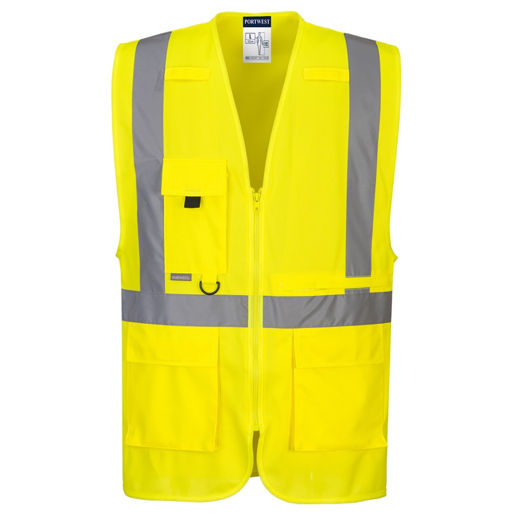 A high-visibility yellow vest featuring retroreflective tape panels, functional pockets, suitable for a wide range of outdoor and site work applications.