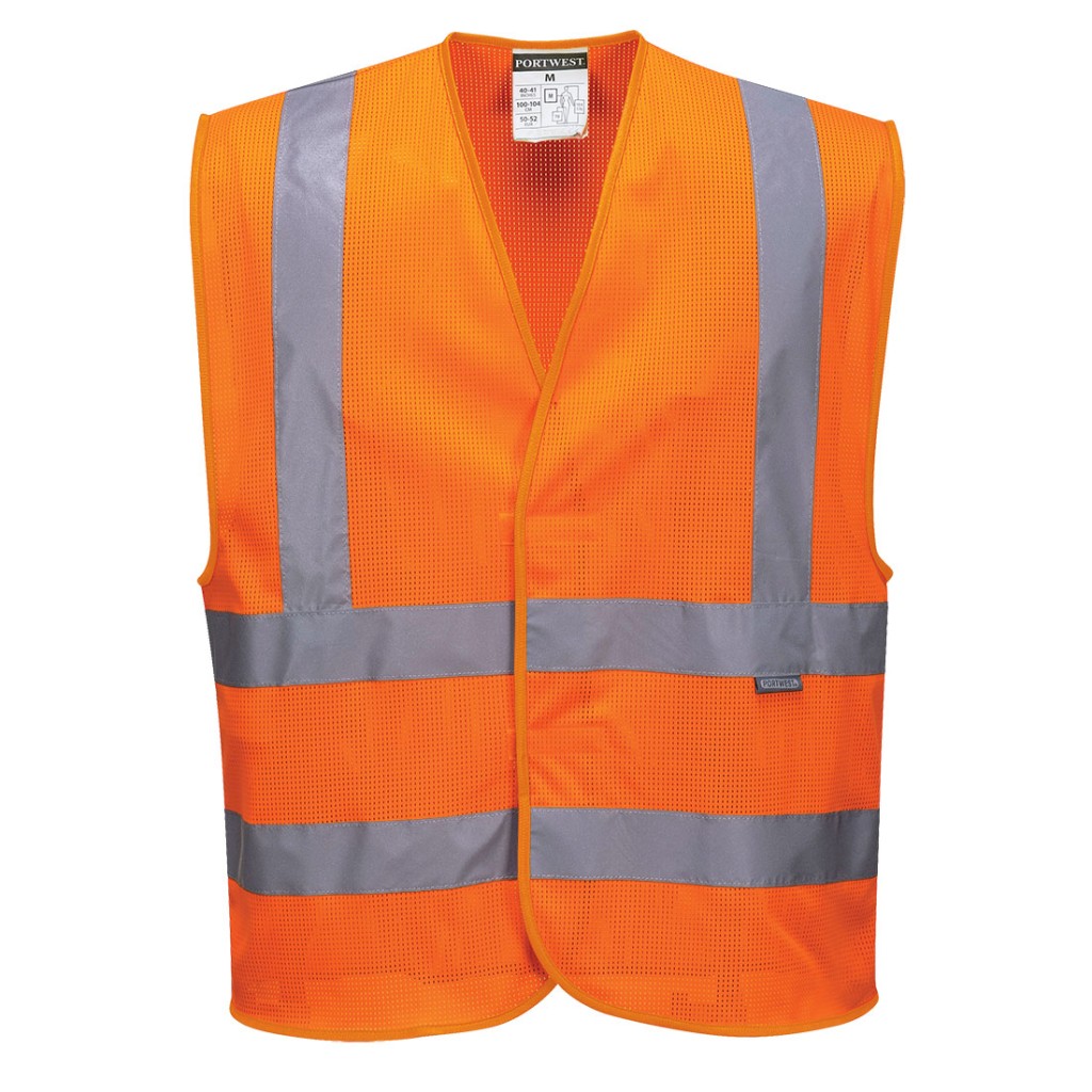 A high-visibility orange vest featuring retroreflective tape panels, suitable for a wide range of outdoor and site work applications.